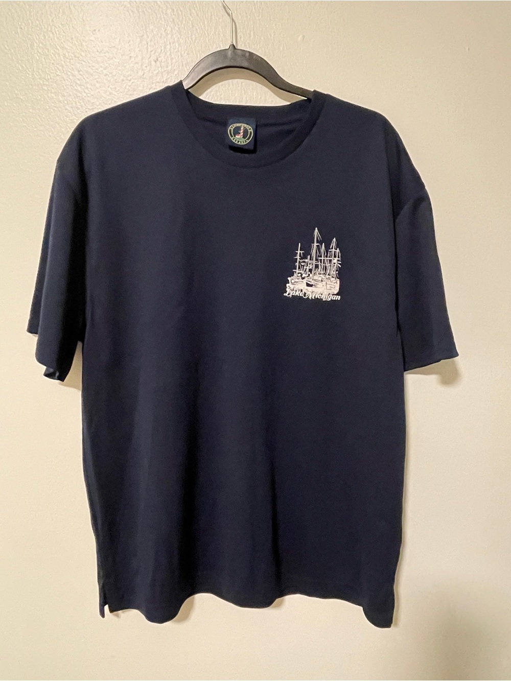 Navy Short Sleeve Crewneck Lake Michigan T-Shirt Boat Graphic Travel Wear